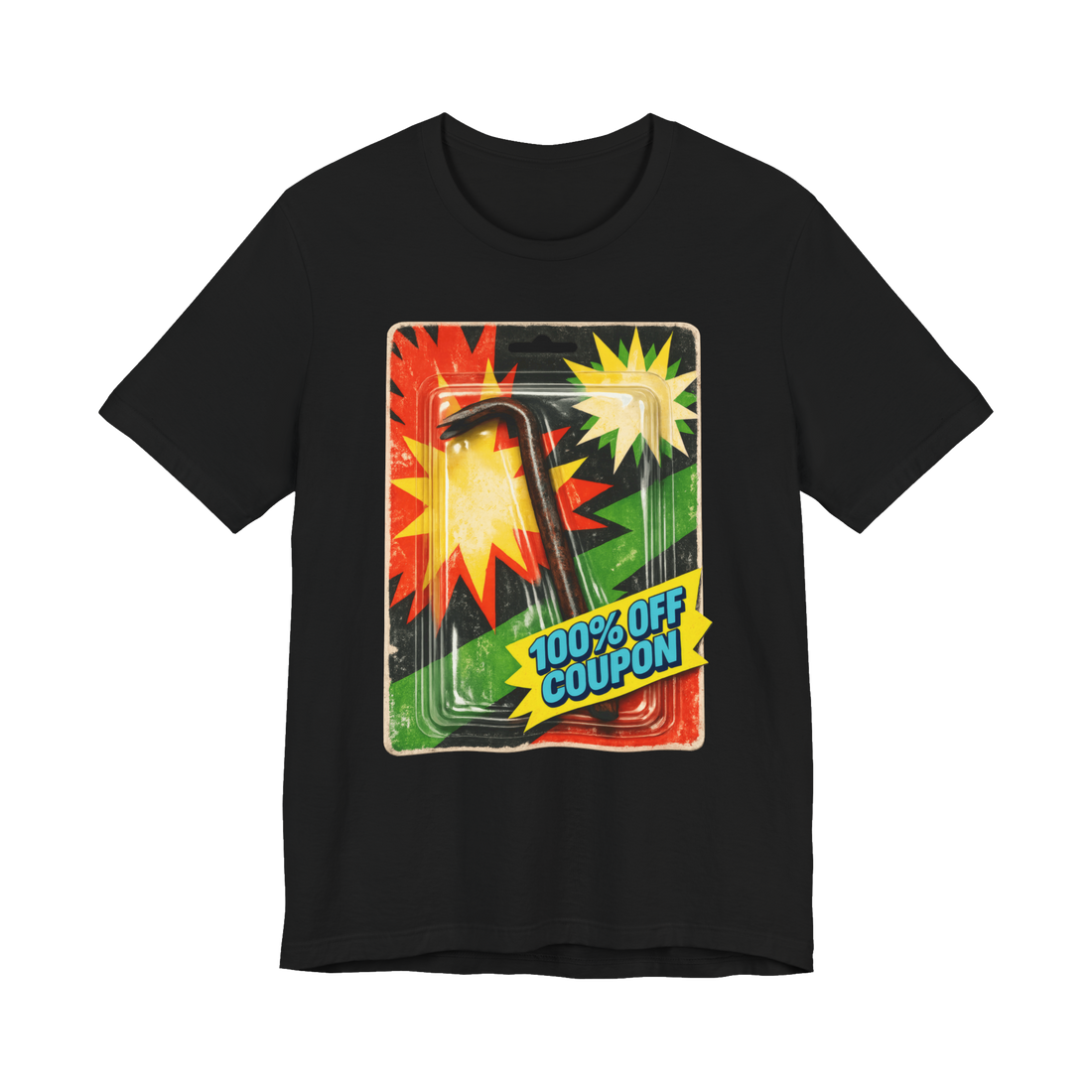 A funny graphic tee showing a retro action figure blister pack containing a rusted crowbar for extreme savings.