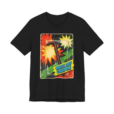 A funny graphic tee showing a retro action figure blister pack containing a rusted crowbar for extreme savings.