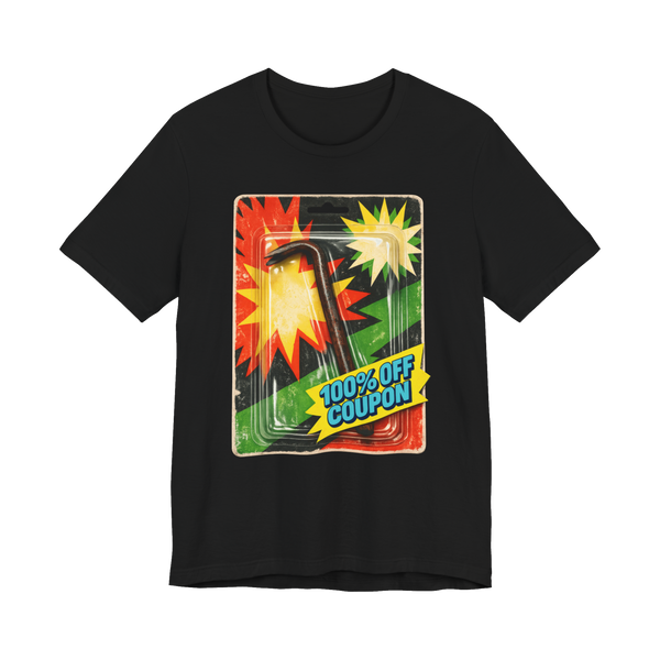 A funny graphic tee showing a retro action figure blister pack containing a rusted crowbar for extreme savings.