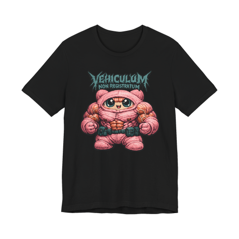 Buff pink mascot suit hero under a black metal logo reading VEHICULUM NON REGISTRATUM, on a t-shirt — Black