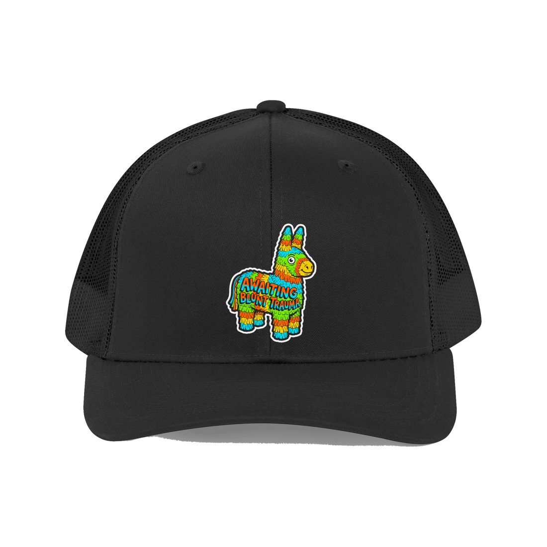 Festive Beating Receptacle Piñata Hat — Funny Burnout Trucker Cap — Black