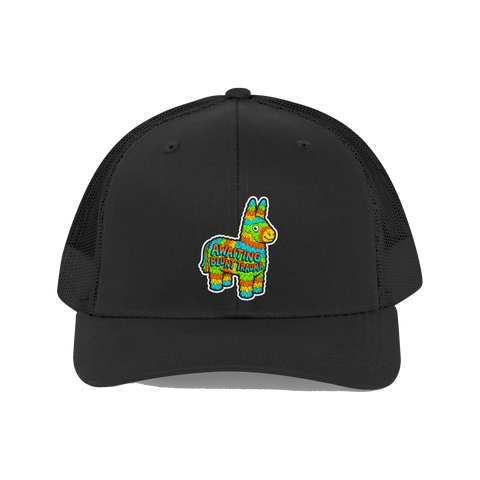 Festive Beating Receptacle Piñata Hat — Funny Burnout Trucker Cap — Black
