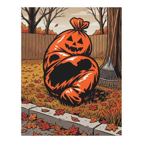 Jack-o-lantern pumpkin leaf bag tied shut, shaped exactly like a curled-up body, on canvas wall art — 0.75''