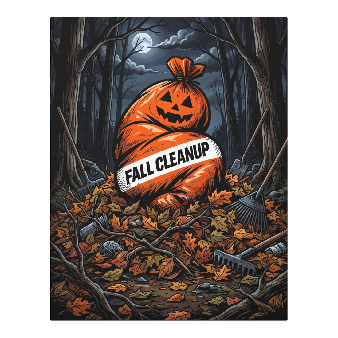 Orange pumpkin yard waste bag shaped suspiciously like a tied-off human corpse.