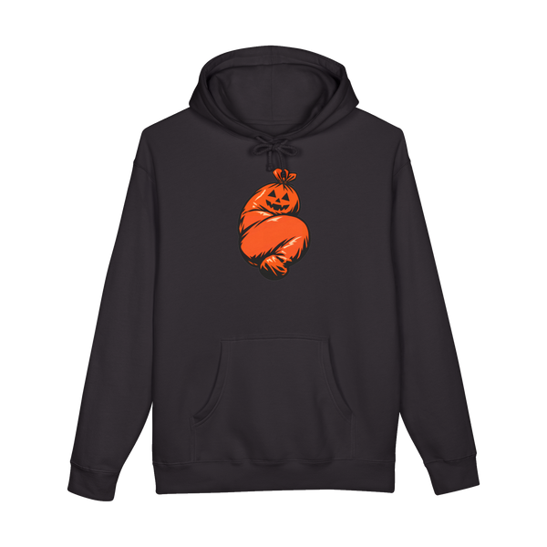 A funny true crime hoodie featuring a festive orange pumpkin yard waste bag shaped suspiciously like a human corpse.