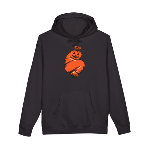 Jack-o-lantern pumpkin leaf bag tied shut, shaped exactly like a curled-up body, on a hoodie — Black