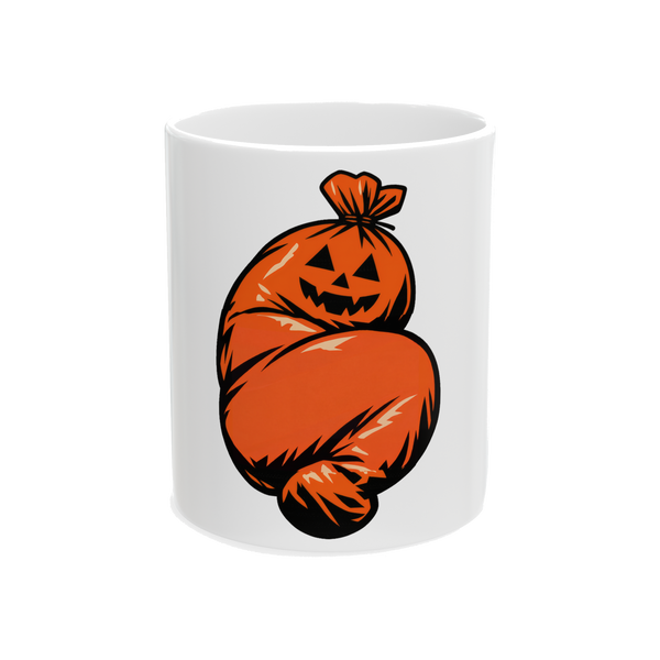 A white mug featuring an orange pumpkin leaf bag shaped suspiciously like a human body.