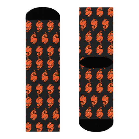 Socks featuring an orange pumpkin leaf bag shaped suspiciously like a tied-off human corpse.