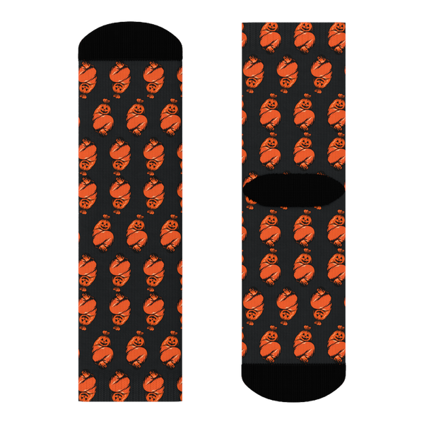 Socks featuring an orange pumpkin leaf bag shaped suspiciously like a tied-off human corpse.