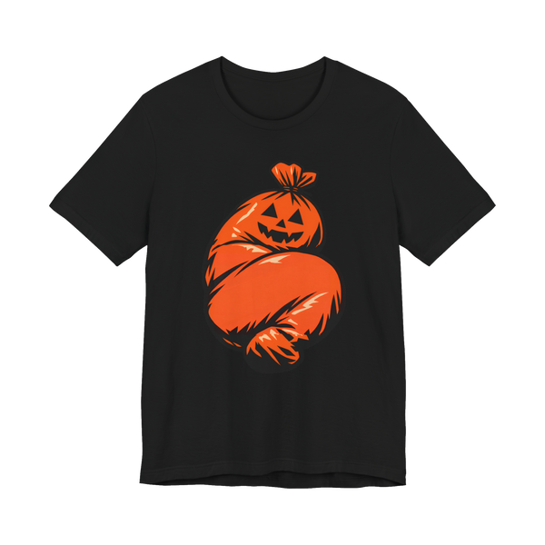 Funny Halloween t-shirt featuring a cheerful orange pumpkin leaf bag shaped suspiciously like a tied-off body.