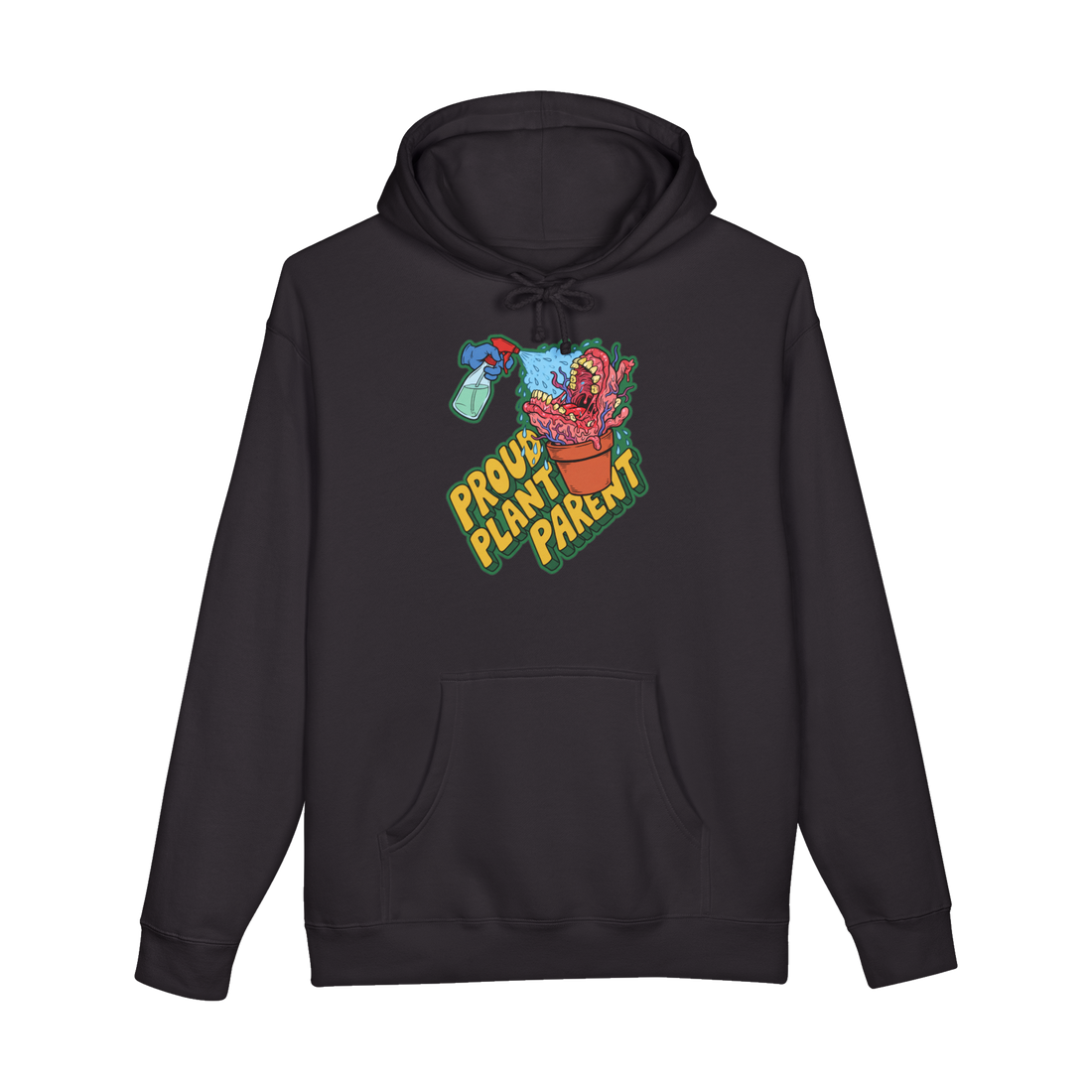 Toothy gum monster in a terracotta pot being misted, PROUD PLANT PARENT, on a hoodie — Black