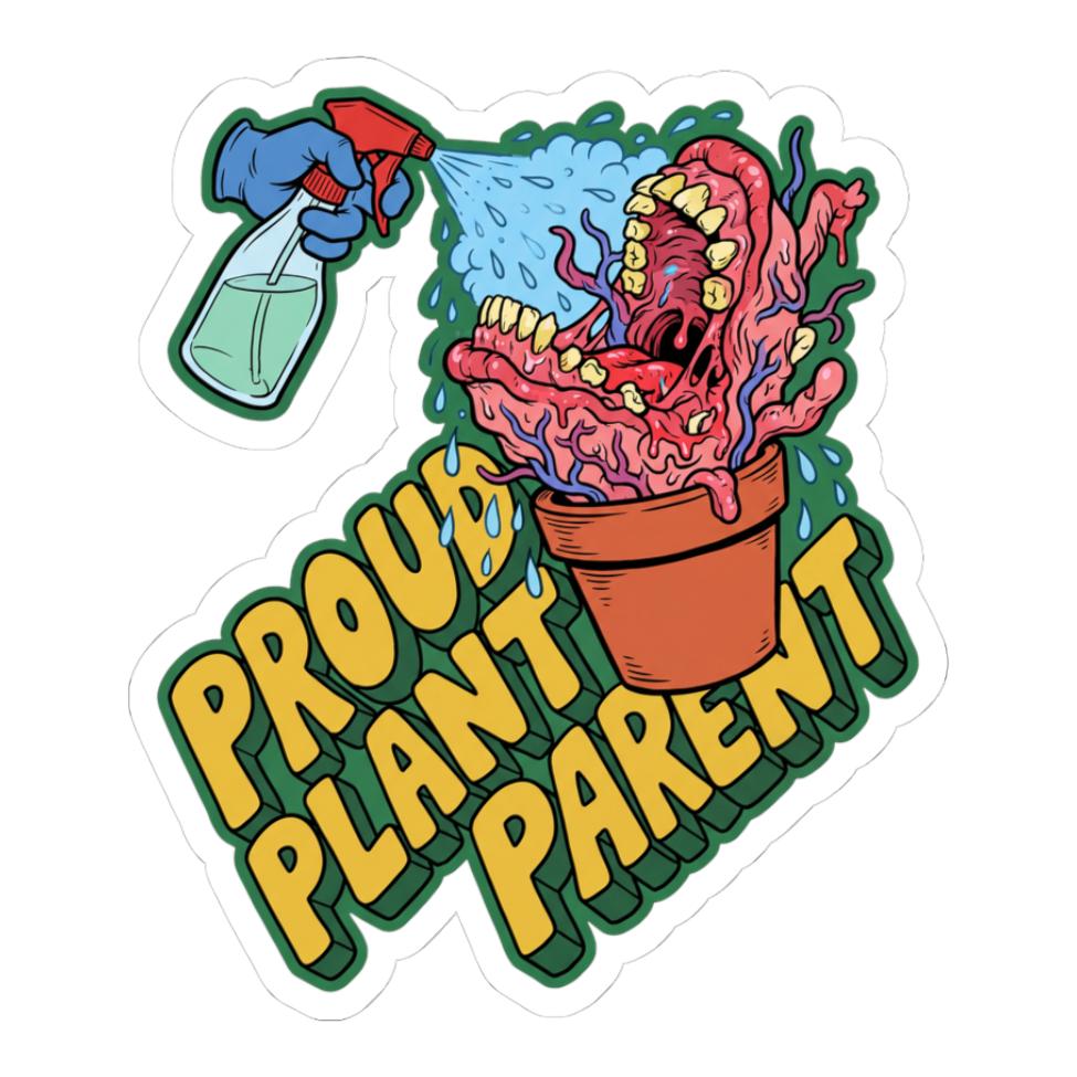 Gloved hand misting a potted mass of gums and teeth, PROUD PLANT PARENT, on a sticker — White