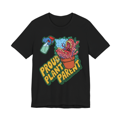 Toothy gum monster in a terracotta pot being misted, PROUD PLANT PARENT, on a t-shirt — Black