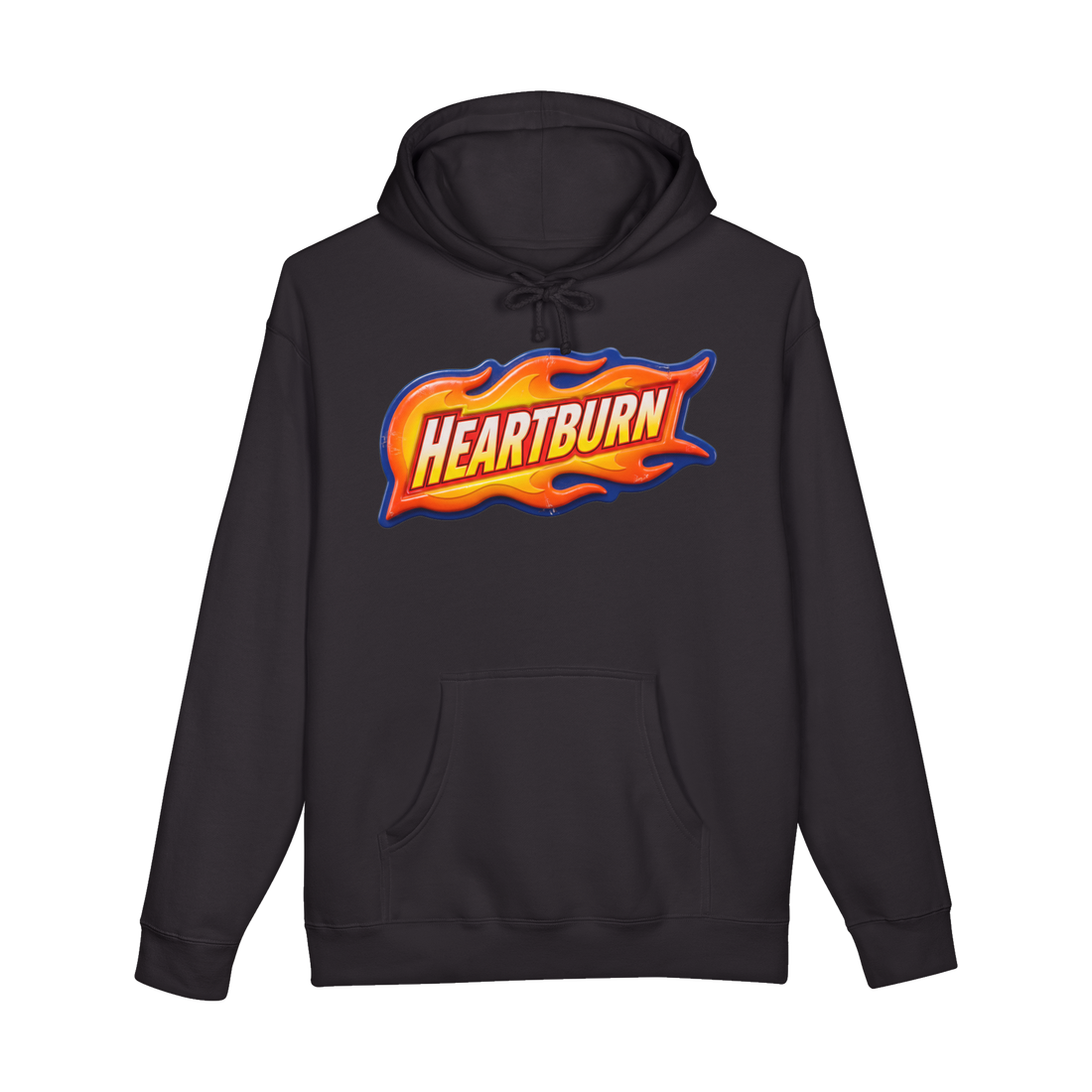 A hoodie featuring a flaming racecar logo parody that says Heartburn.
