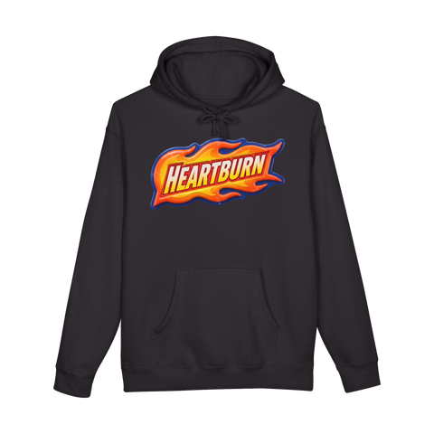 A hoodie featuring a flaming racecar logo parody that says Heartburn.