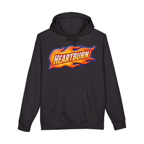 Flaming Hot Wheels-style logo that just says HEARTBURN, on a hoodie — Black