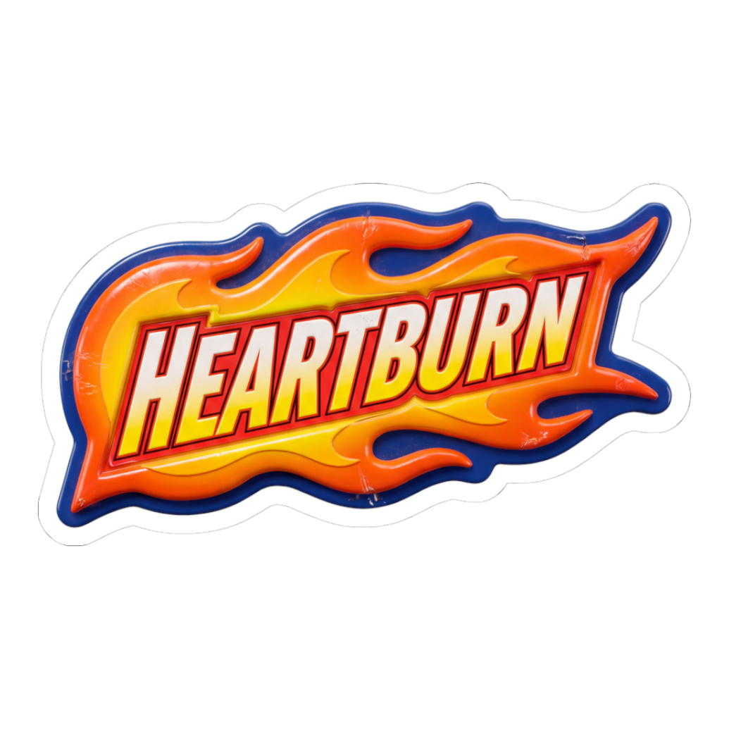 Flaming Hot Wheels-style logo reading HEARTBURN, on a sticker — White