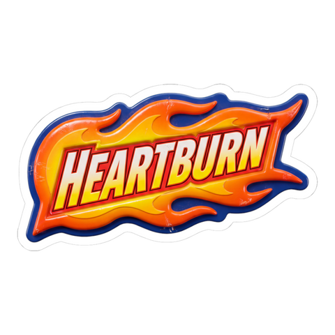 Flaming Hot Wheels-style logo reading HEARTBURN, on a sticker — White