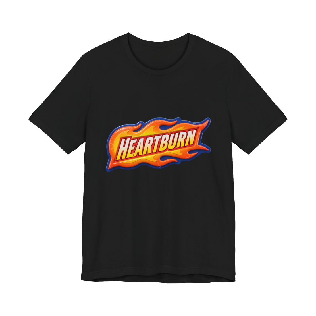 Flaming Heartburn graphic parodying a classic toy car logo