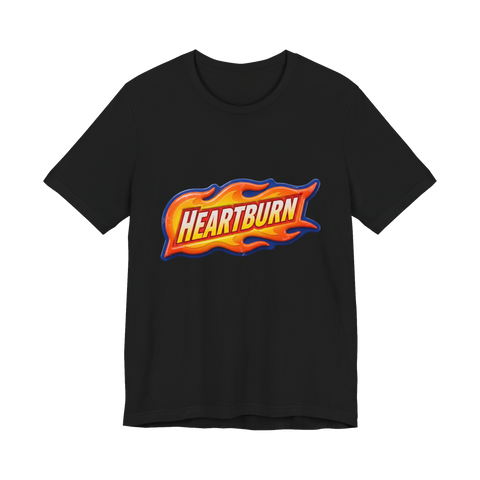 Flaming Heartburn graphic parodying a classic toy car logo