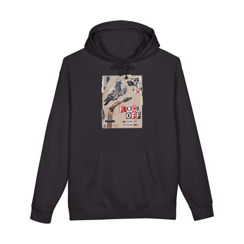 Collage pigeon in a tin-foil hat flipping off one of the Flock cameras, FLOCK OFF, on a hoodie — Black
