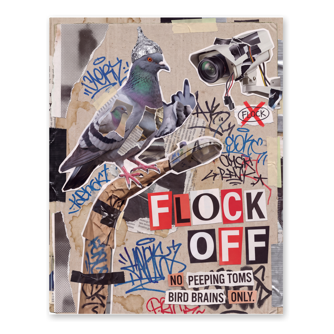 Collage pigeon in a tin-foil hat flipping off one of the Flock cameras, FLOCK OFF, on a poster