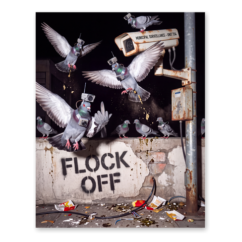 Flock Off Poster — Anti Surveillance Bird Art