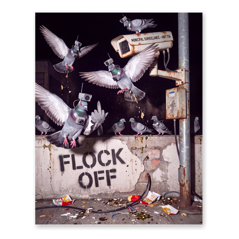 Flock Off Poster — Anti Surveillance Bird Art