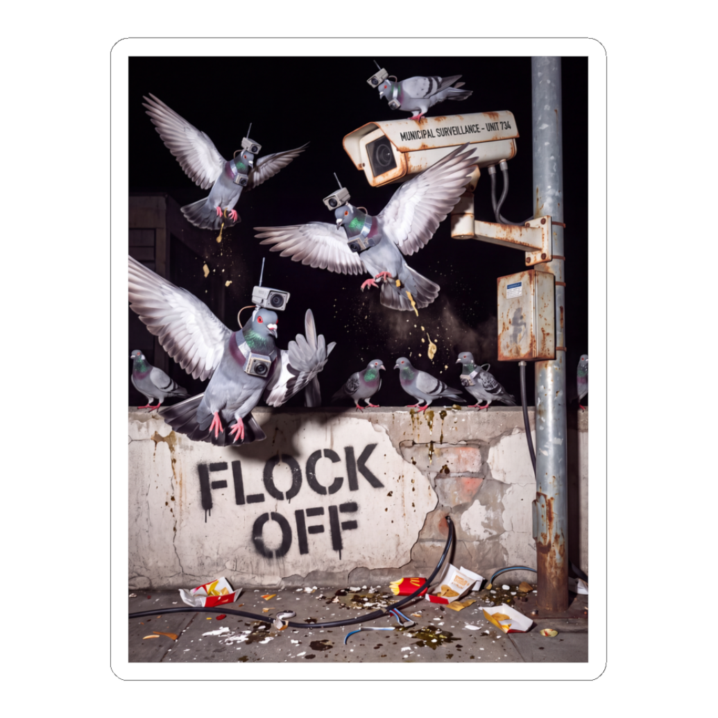 Camera-wearing pigeons attacking Flock cameras above a stenciled FLOCK OFF, on a sticker — White
