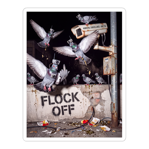 Camera-wearing pigeons attacking Flock cameras above a stenciled FLOCK OFF, on a sticker — White