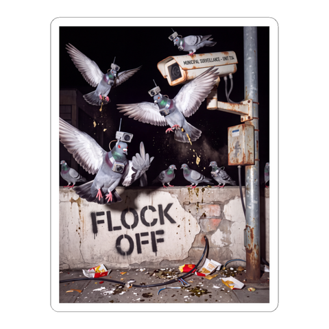Flock Off — Funny Anti-Surveillance Pigeon Sticker — White