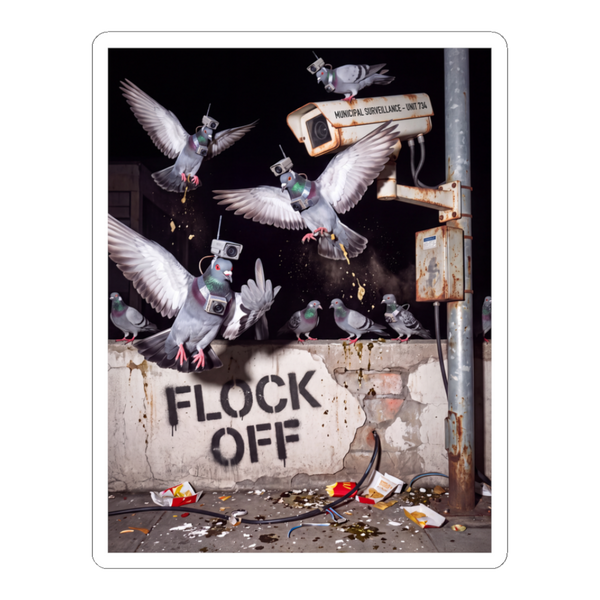 Flock Off — Funny Anti-Surveillance Pigeon Sticker — White