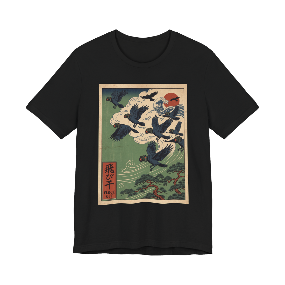 Woodblock-style crows with Flock cameras for heads flying over pines, FLOCK OFF, on a t-shirt — Black