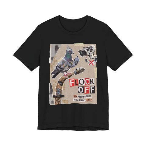 Collage pigeon in a tin-foil hat flipping off one of the Flock cameras, FLOCK OFF, on a t-shirt — Black