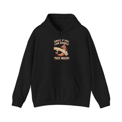 Rubber-hose cartoon worm with a ruler for the size joke SMILE IF YOU CAN HANDLE THIS MUCH, on a hoodie — Black