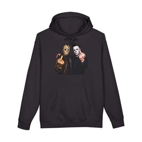 Michael Myers and Jason Voorhees posing arm in arm, both flipping the middle finger, on a hoodie — Black