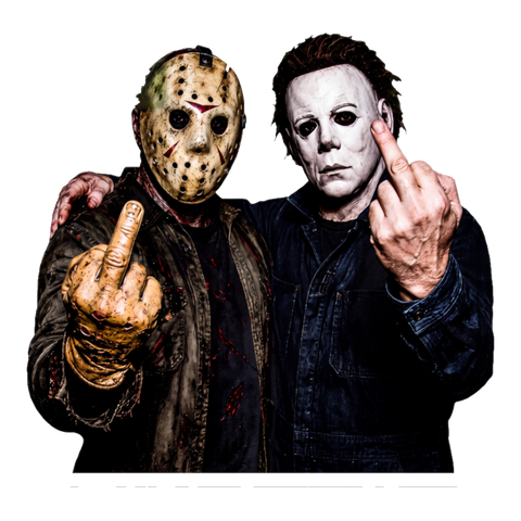 Michael Myers and Jason Voorhees posing arm in arm, both flipping the middle finger, on a sticker — White