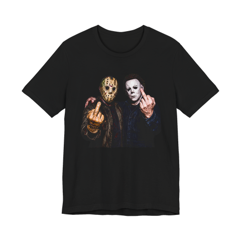Michael Myers and Jason Voorhees posing arm in arm, both flipping the middle finger, on a t-shirt — Black