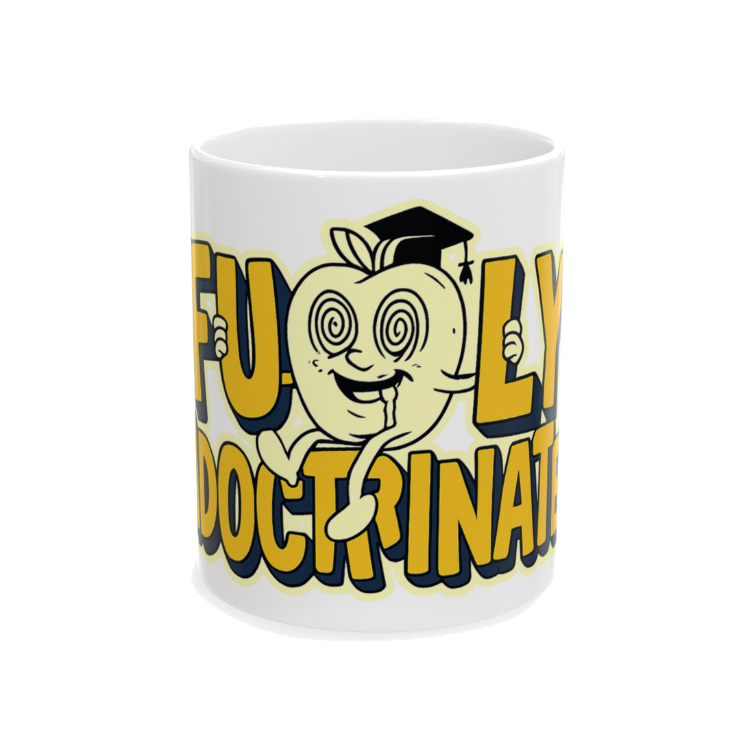 A white ceramic coffee mug featuring a vintage mascot graphic and the words Fully Indoctrinated
