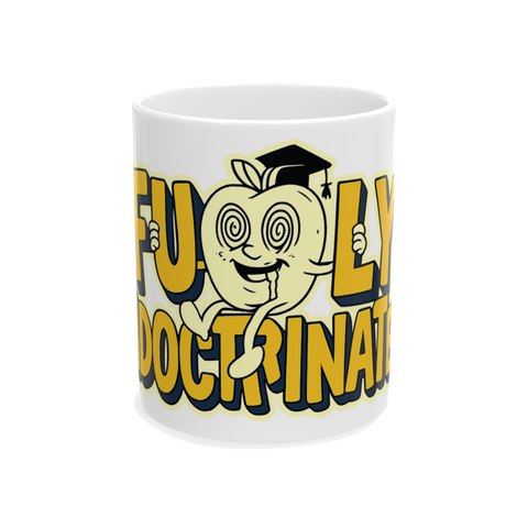 A white ceramic coffee mug featuring a vintage mascot graphic and the words Fully Indoctrinated