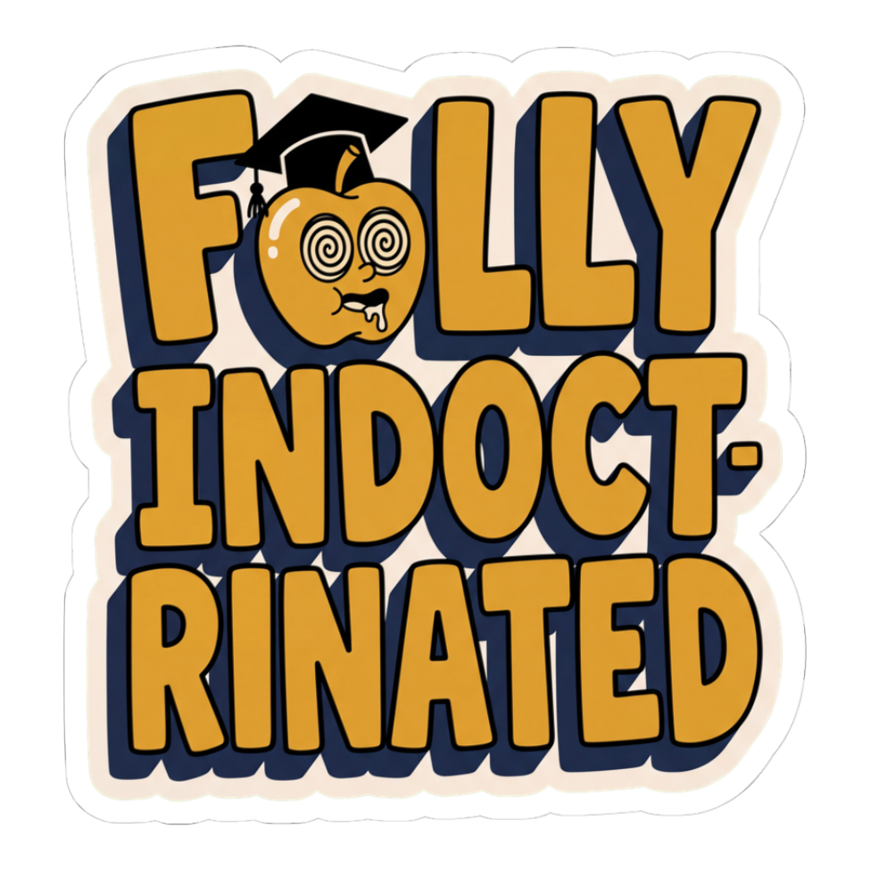 Fully Indoctrinated Sticker — Funny Compliance Mascot Decal — White