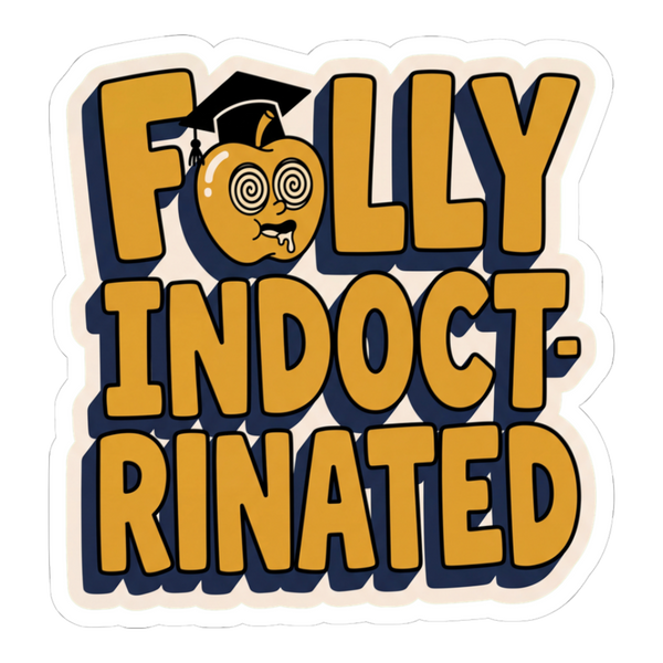 Fully Indoctrinated Sticker — Funny Compliance Mascot Decal — White