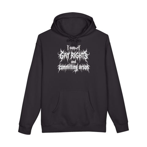 A hoodie featuring illegible spiky death metal typography that secretly reads Gay Rights And Arson.