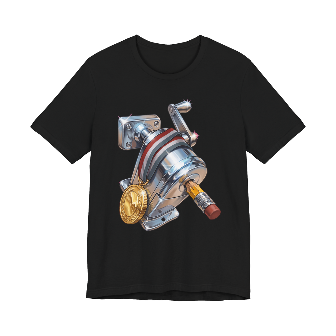 Gold Medal Woodchipper — Retro Pencil Sharpener T-Shirt — Black