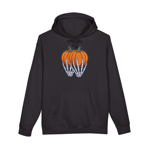 Skeleton hands cupping two pumpkins, placed to sit right on the chest, on a hoodie — Black