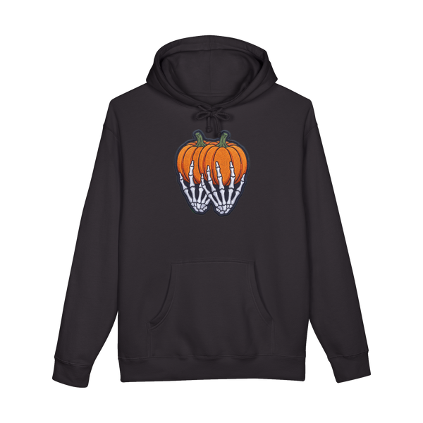 A funny Halloween hoodie showing a skeleton's hands aggressively groping two large pumpkins like breasts.