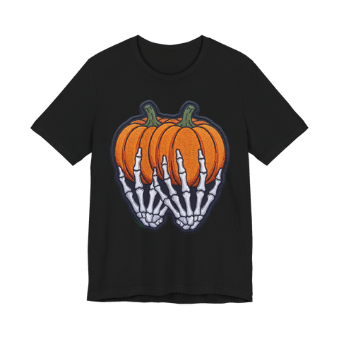 Skeleton hands cupping two pumpkins, placed to sit right on the chest, on a t-shirt — Black