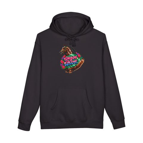 Grade A Glue Champion Hoodie — Vintage Airbrush Racehorse Horse Racing — Black