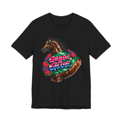 Grade A Glue Champion T-Shirt — Vintage Airbrush Racehorse Horse Dark — Black
