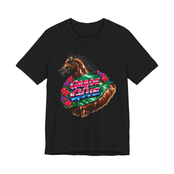 Vintage 80s style graphic of a racehorse wearing a Grade A Glue Champion sash on a dark t-shirt.